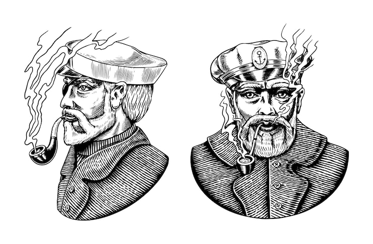Vetor capitão do mar, velho marinheiro com cachimbo ou jaqueta azul, marinheiro com barba ou homens, marinheiro viajar de navio ou barco gravado à mão desenhado em antigo esboço boho