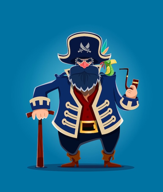 Vetor capitão pirata de desenho animado com papagaio fumador de cachimbo