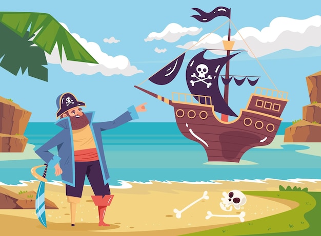 Capitão pirata marinheiro na ilha com ilustração de elemento de desenho de composição de navio