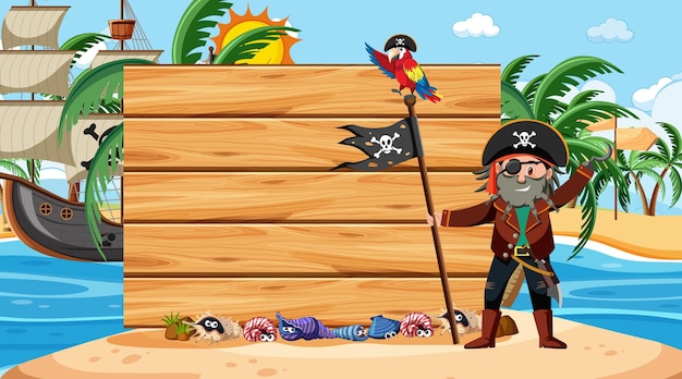 Capitão pirata na cena diurna da praia com um modelo de banner de madeira vazio