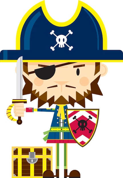 Capitão pirata tapa-olho fanfarrão dos desenhos animados segurando espada e escudo com baú do tesouro