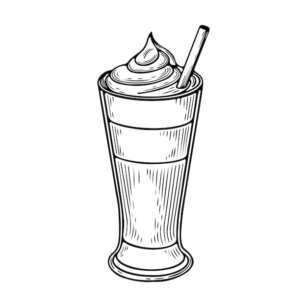 Cappuccino ou latte num copo com nata batida Esboço desenhado à mão