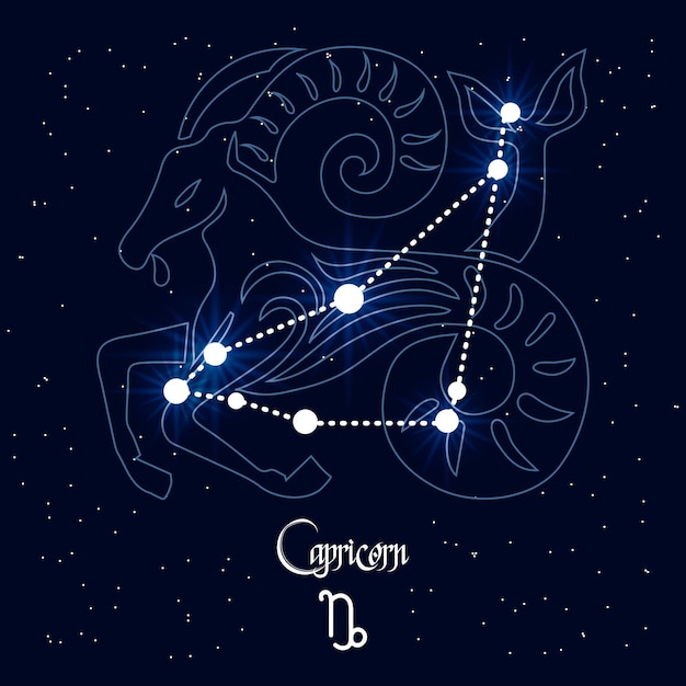 Capricórnio, constelação e signo do zodíaco no fundo do universo cósmico. Azul e branco