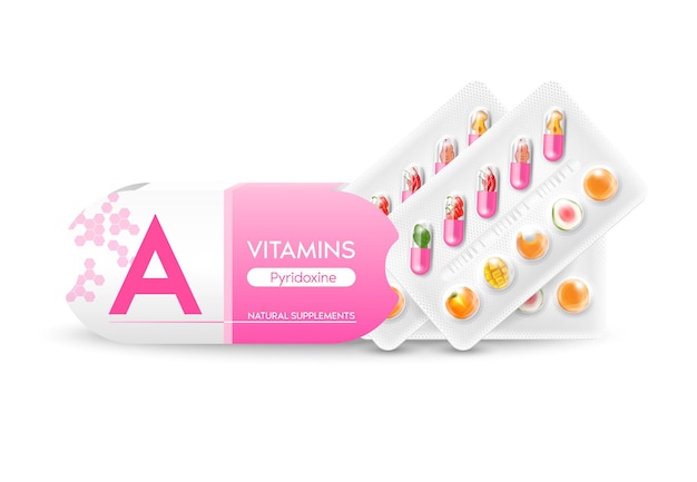 Cápsula de vitamina a suplementos naturais vitaminas e minerais frutas vegetais em uma embalagem de medicamento