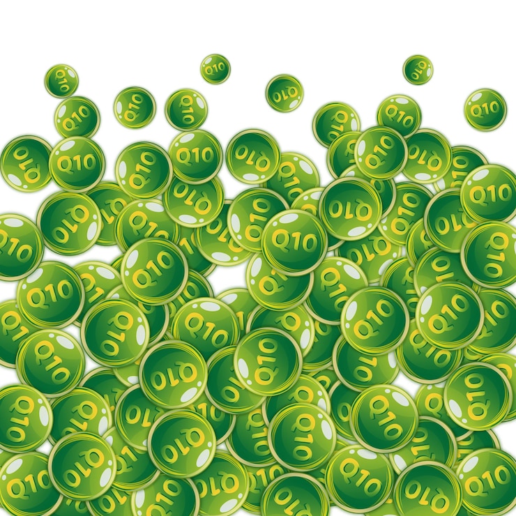 Vetor cápsulas redondas de vitamina q10 espalhadas aleatoriamente