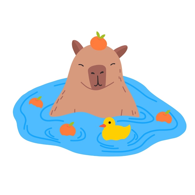 Vetor capybara personagem engraçado em design plano cute capybara nadando na água com mandarins ilustração vetorial