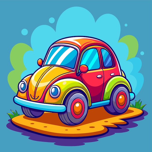 Vetor car camper mountain forest landscape scenery hand drawn cartoon character sticker icon concept