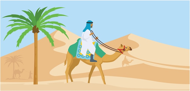 Cara árabe montando seu deserto de calha de camelo
