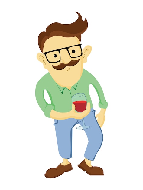 Vetor cara com um copo de vinho na mão homem de desenho animado com bigode isolado em um fundo branco