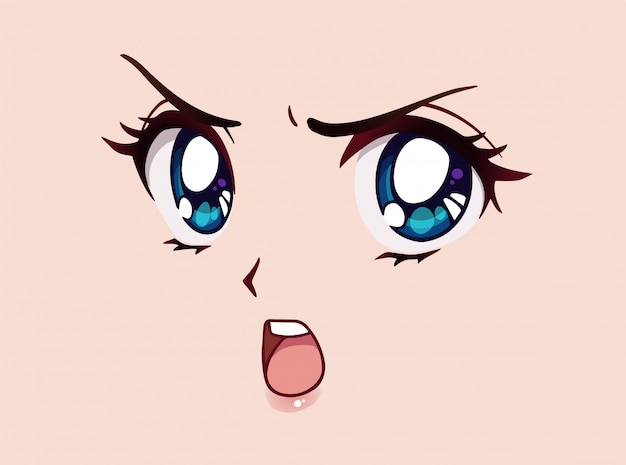 Cara de anime com raiva. manga estilo grandes olhos azuis, nariz pequeno e boca kawaii. mão de ilustração vetorial desenhada