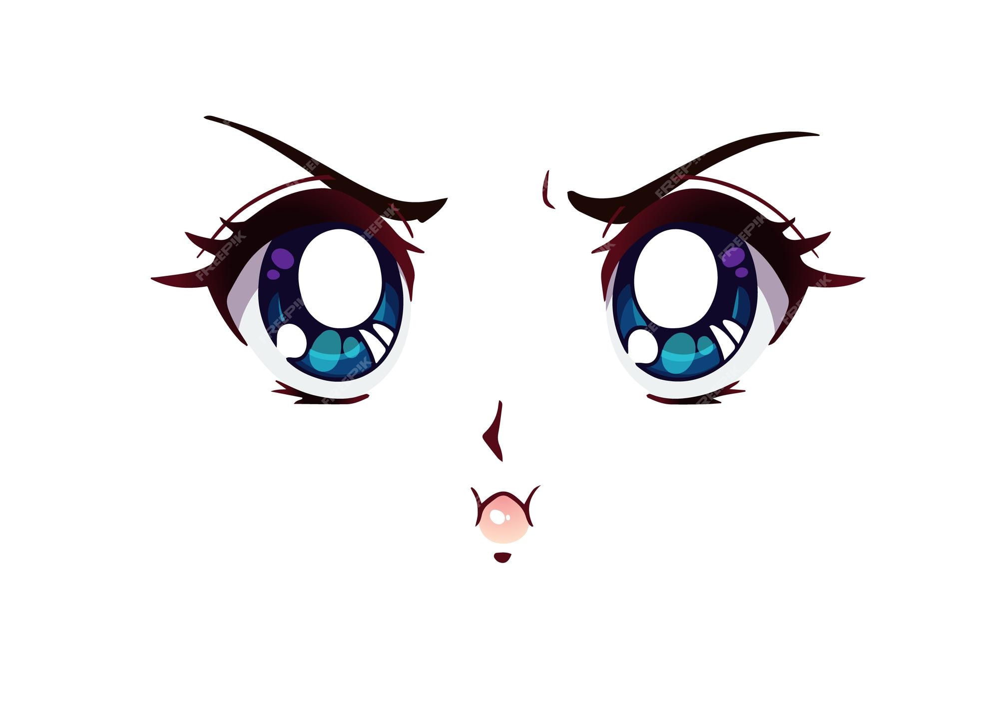 Cara de anime com raiva. olhos grandes de estilo mangá, nariz pequeno e boca  kawaii. mão-extraídas ilustração vetorial.