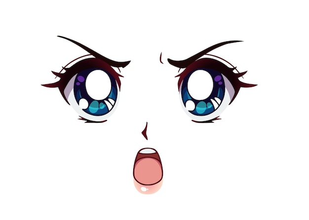 Cara de anime com raiva. olhos grandes de estilo mangá, nariz pequeno e boca kawaii.