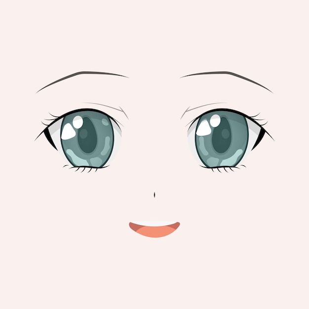 Vetor cara de anime feliz estilo mangá grandes olhos verdes nariz pequeno e boca kawaii ilustração vetorial desenhada à mão isolada em branco