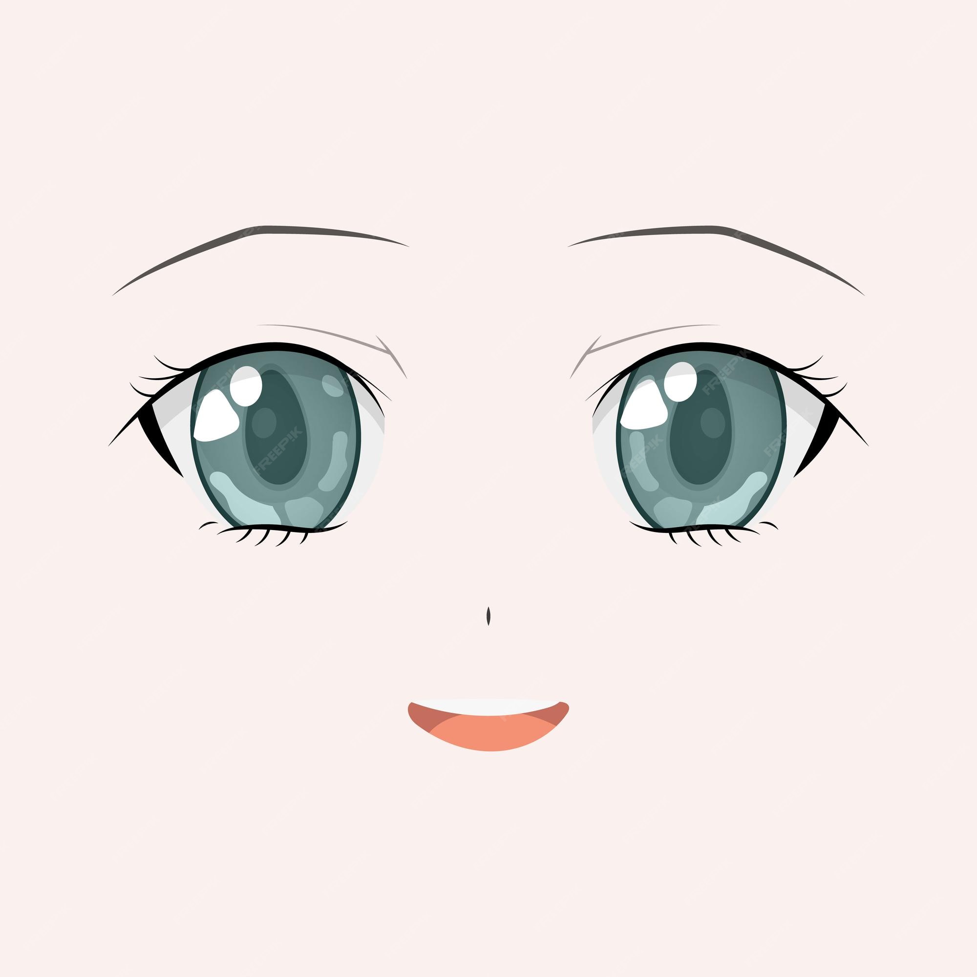 Cara de anime feliz estilo mangá grandes olhos verdes nariz pequeno e boca  kawaii ilustração vetorial desenhada à mão isolada em branco