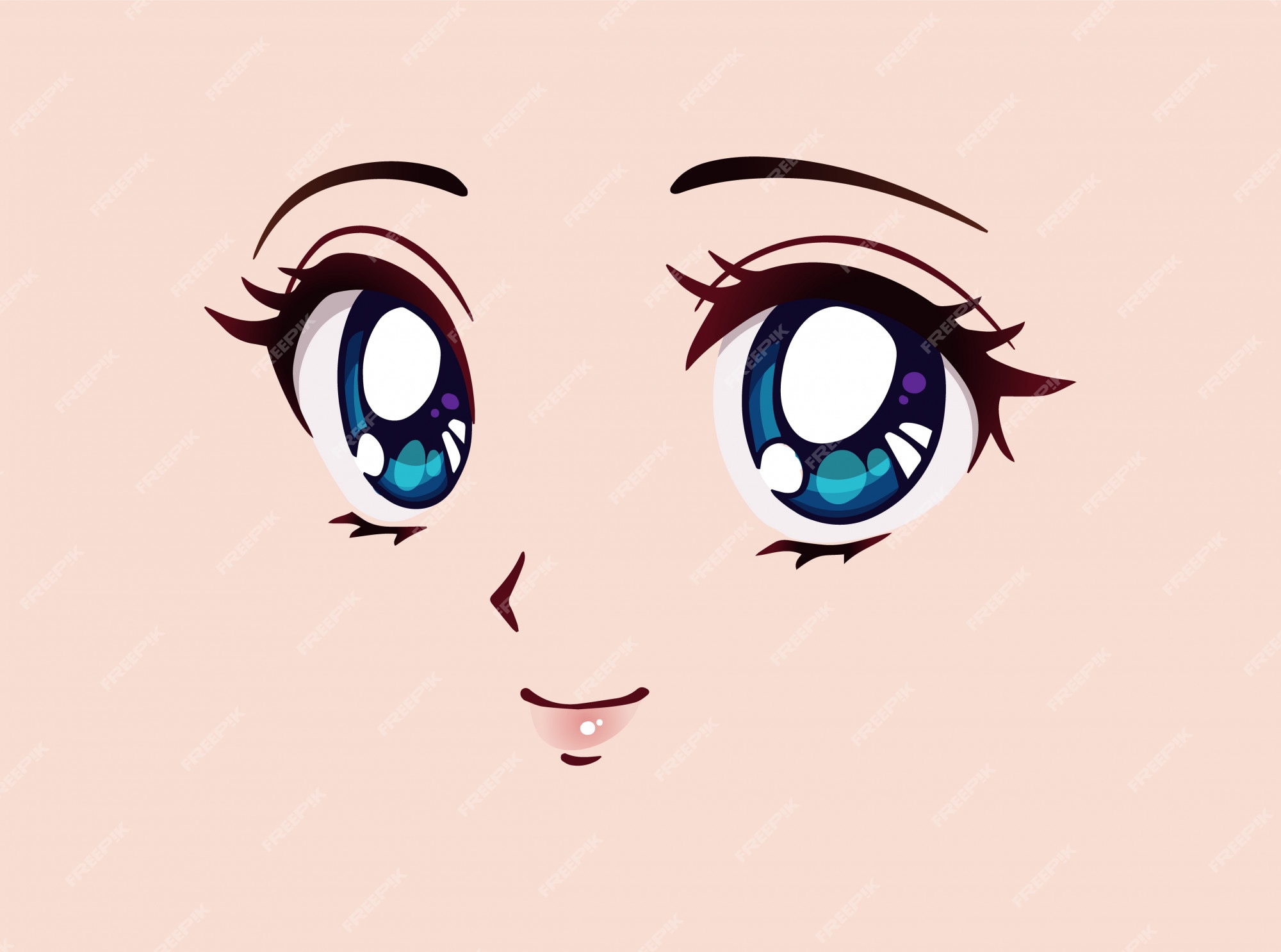 Cara de anime feliz. manga estilo grandes olhos azuis, nariz pequeno e boca  kawaii. mão ilustrações desenhadas.