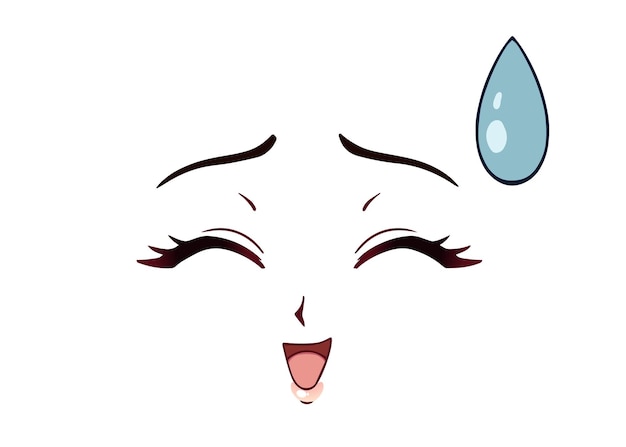 Cara de anime feliz. olhos fechados estilo mangá, nariz pequeno e boca  kawaii. mão-extraídas ilustração vetorial. isolado no branco
