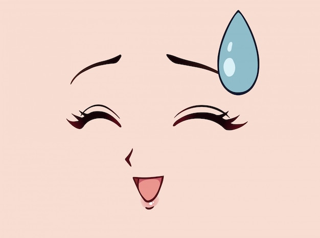 Cara de anime feliz. manga estilo grandes olhos azuis, nariz pequeno e boca  kawaii. mão ilustrações desenhadas.