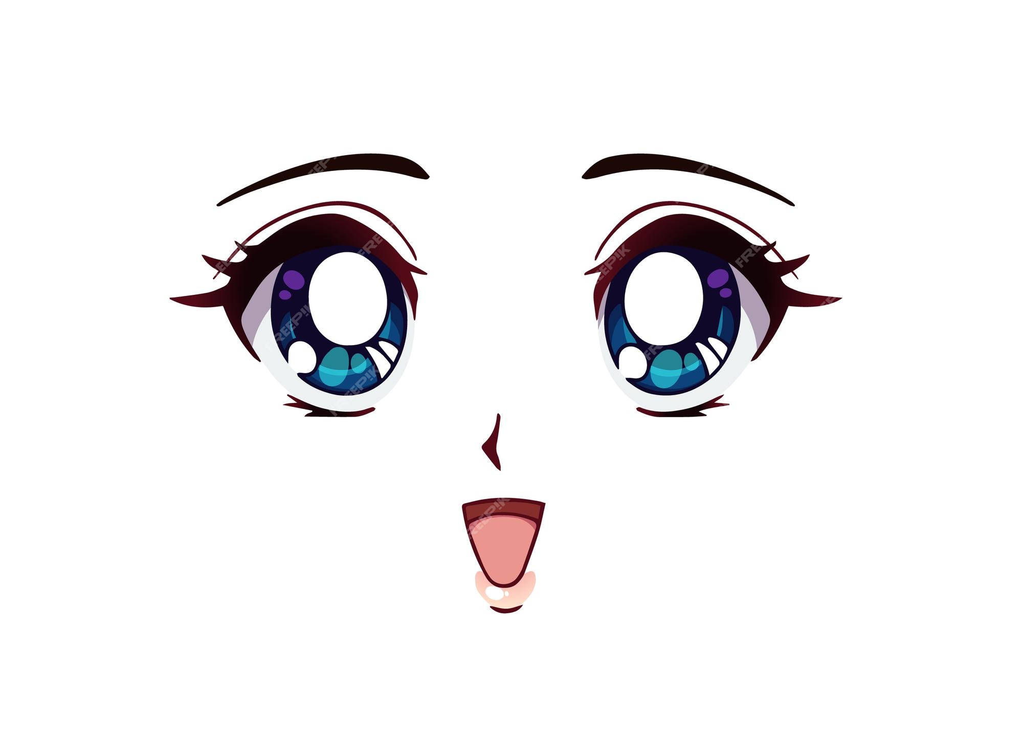 Cara de anime feliz. olhos fechados estilo mangá, nariz pequeno e boca  kawaii. mão-extraídas ilustração vetorial. isolado no branco