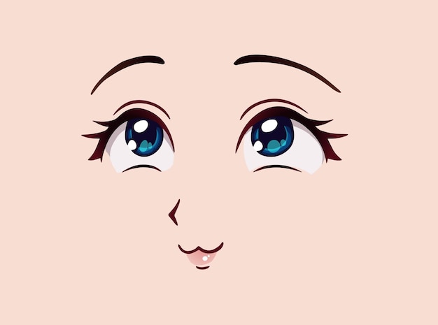 Cara de anime feliz. olhos fechados estilo mangá, nariz pequeno e boca  kawaii. mão-extraídas ilustração vetorial. isolado no branco