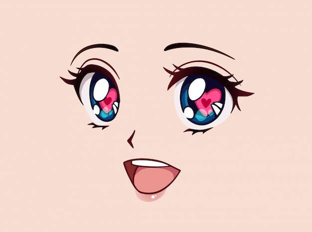 Cara de anime feliz. Olhos grandes de estilo mangá, nariz pequeno e grande boca kawaii. Corações em seus olhos. Mão-extraídas ilustração vetorial.