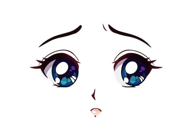 Cara de anime triste estilo mangá grandes olhos azuis nariz pequeno e boca kawaii ilustração de desenho vetorial desenhada à mão