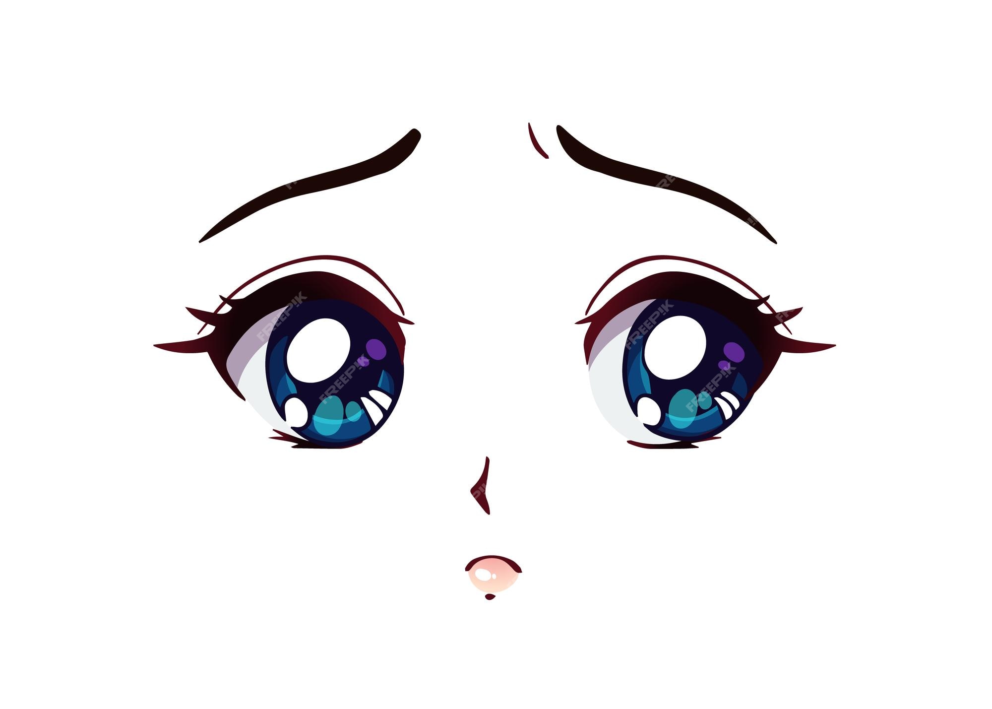 Rosto De Anime Triste. Estilo Manga Grandes Olhos Azuis Nariz Pequeno E  Boca Kawaii Ilustração do Vetor - Ilustração de chicotes, gema: 176475232