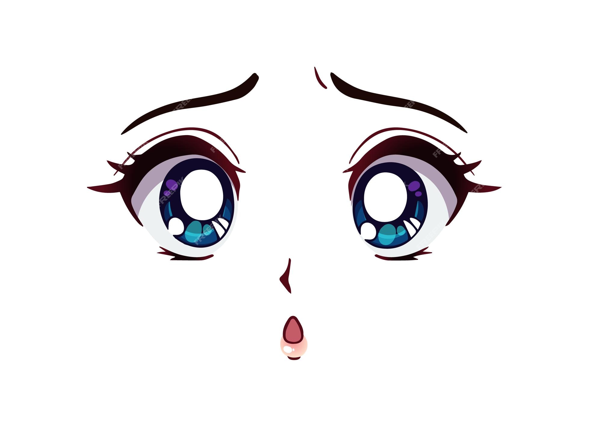 Cara de anime triste. olhos azuis grandes estilo mangá, nariz pequeno e boca  kawaii. mão-extraídas ilustração em vetor dos desenhos animados.