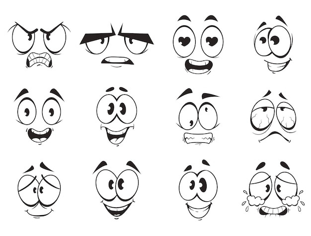 Cara de desenho animado com conjunto isolado de emoções diferentes de expressão de olhos e boca