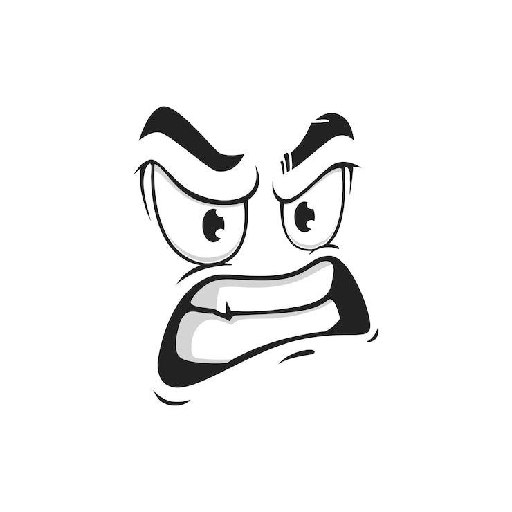 Vetor cara de desenho animado com ranger de dentes vetor emoji irritado com olhos malignos expressão facial negativa sentimentos perversos rosto cômico com sobrancelhas franzidas e boca dentada isolada no fundo branco