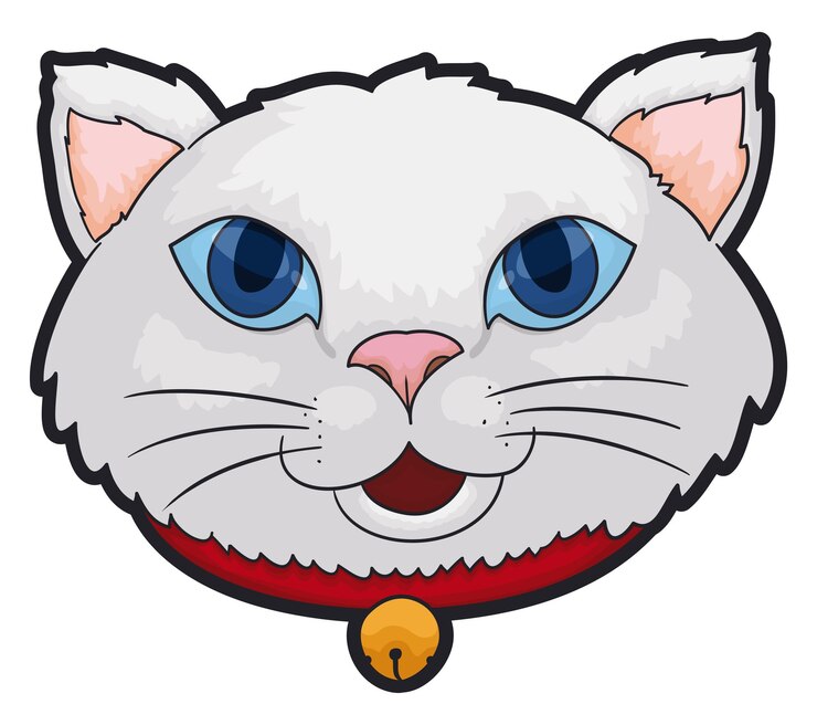 Vetor cara de gato bonito com olhos azuis, pelo branco e boca aberta, usando um colarinho vermelho e um sino dourado