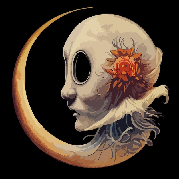 Cara de lua crescente e arte assustadora de flor vermelha Tim burton estilo pintura digital illustratiion camiseta
