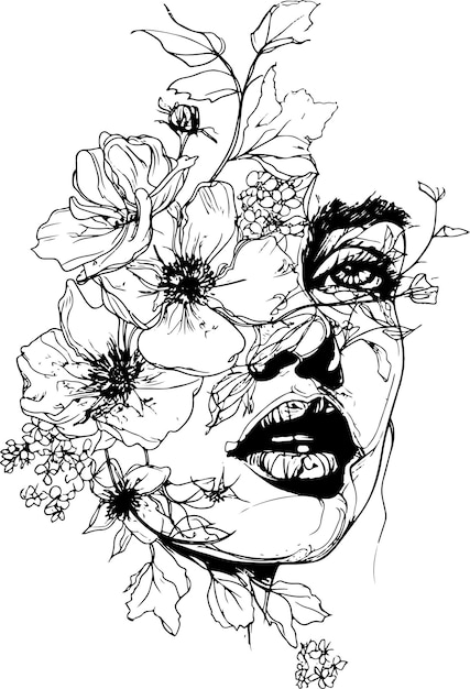 Cara de mulher com flores monolina desenho de mão ilustração de arte de linha