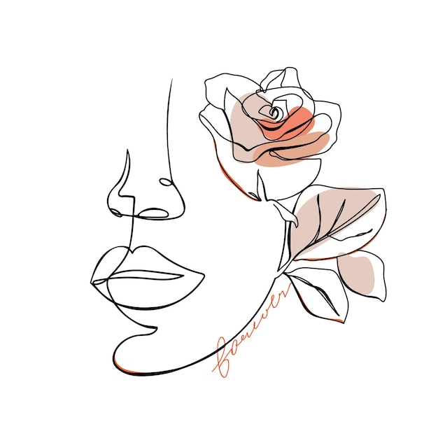 Cara de mulher de uma linha abstrata na moda com flor rosa