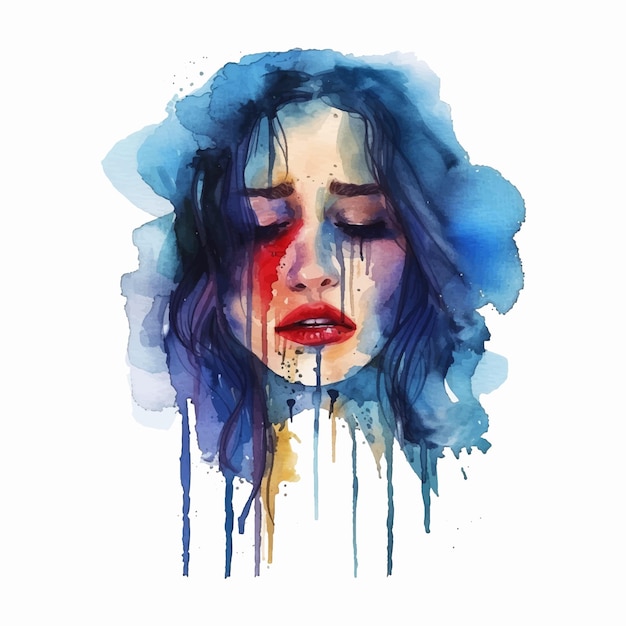 Cara de mulher triste pintada com aquarela
