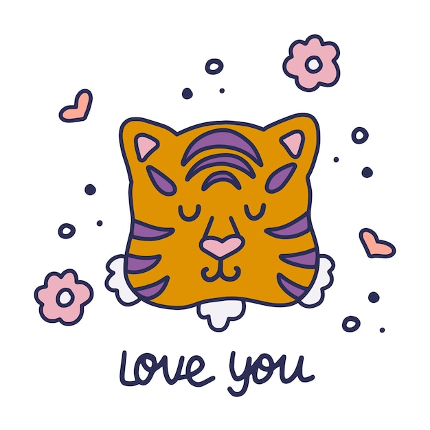 Cara de tigre kawaii bonito com a inscrição eu te amo impressão de ilustração vetorial para roupas