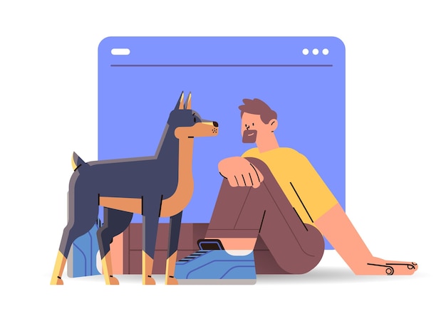 cara dono de animal de estimação com cachorro fofo passando tempo juntos melhores amigos conceito de amizade animal doméstico ilustração vetorial horizontal