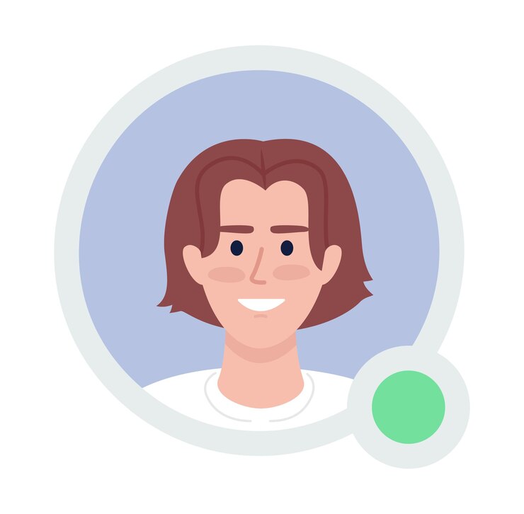 Vetor cara feliz com ícone de avatar de vetor plano de penteado de cortina com ponto verde