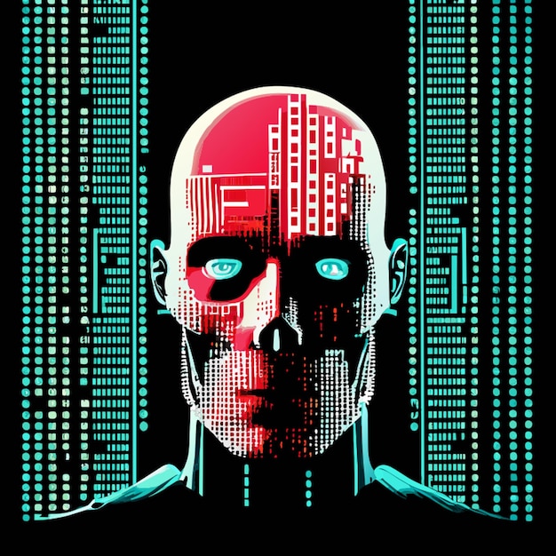 Vetor cara frontal cyberpunk crânio careca na máquina um homem olhando para a câmera feita de binário digital