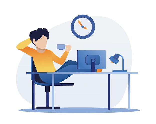 Cara relaxado com os pés em cima da mesa assistindo vídeo em seu telefone enquanto quebra o trabalho no computador dia de trabalho no escritório vetor ilustração de estilo plano
