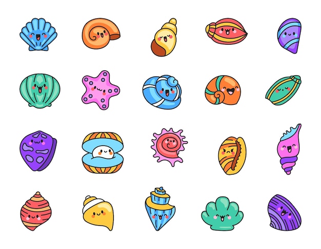 Caraca, concha de mar kawaii, vida aquática de desenho animado, personagens de conchas marinhas, férias de verão.