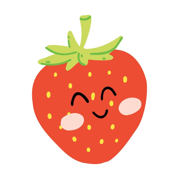 Vetor caraca de morango desenhado à mão sorridente kawaii personagem de fruta engraçado para crianças