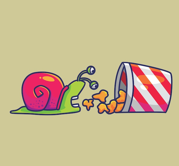 Caracol bonito comendo uma pipoca animal cartoon isolado estilo plano adesivo ícone de design web