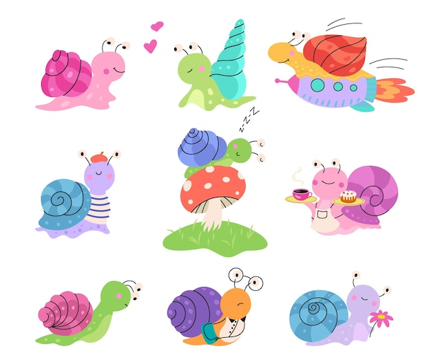 Caracol bonito dos desenhos animados Gastrópode concha caracóis de jardim feliz conjunto selvagem pequena lesma insetos engraçados dormem em voo no ônibus comendo hoje em dia vetor clipart ilustração de lodo de concha lenta de caracol