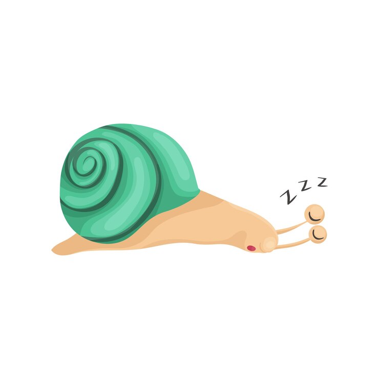 Vetor caracol dormindo com uma concha verde turquesa em estilo cartoon. o caracol está descansando, a lesma engraçada na pia está cansada e deitada, roncando