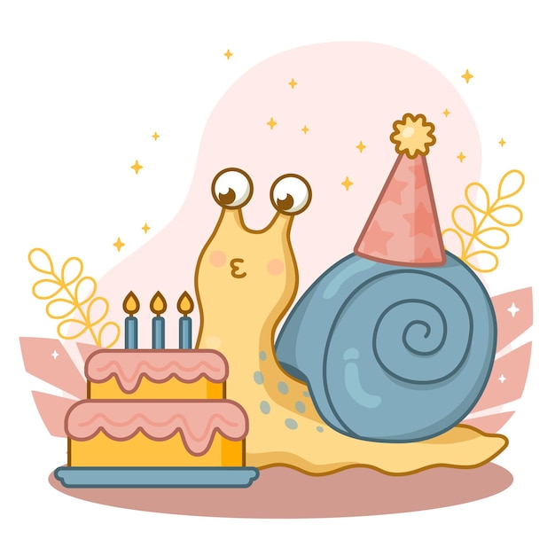 Vetor caracol fofo desenho animado feliz com um animal de casca azul e folhas cartão de feliz aniversário