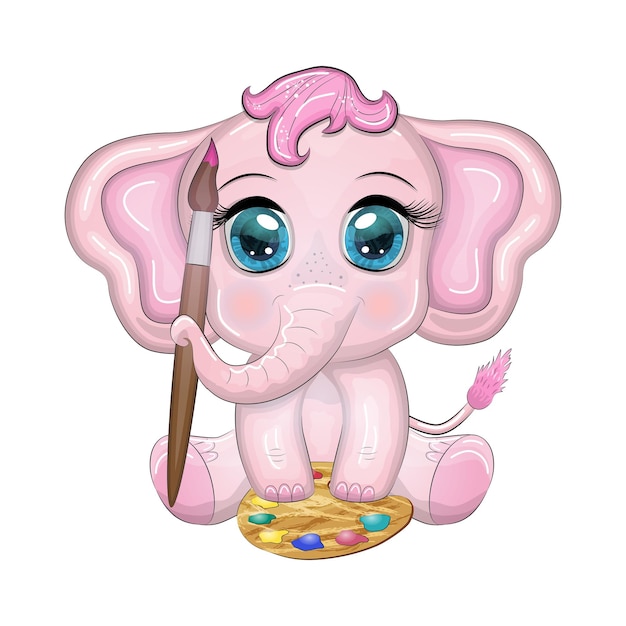 Vetor caracter de criança elefante de desenho animado bonito com olhos bonitos com tintas e artista de pincel