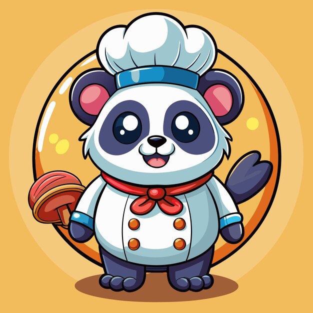 Caracter de desenho animado de chef panda bonito segurando uma espátula