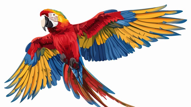 Caracter de desenho animado de pássaro-ara brincalhão agitando em ilustração vetorial vibrante
