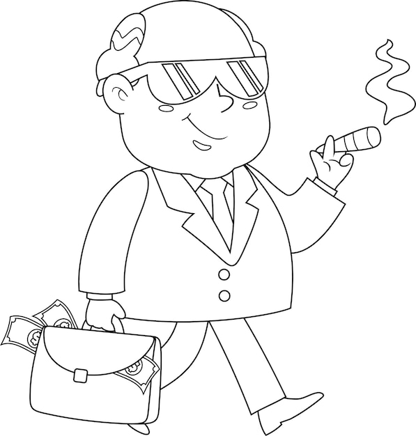 Caracter de desenho animado de um chefe de negócios caminhando com uma maleta cheia de dinheiro