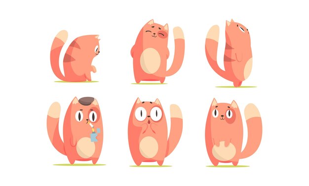 Vetor caracter de gato de desenho animado vermelho que expressa diferentes emoções conjunto de vetores